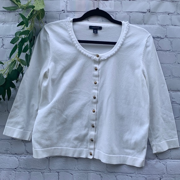 🌼 LAND-SEND White button down round neck with ruffles‎ cardigan Size Med/Petite - Picture 1 of 10